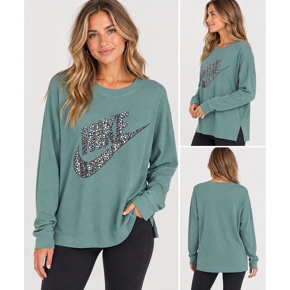 Nike Womens Long Sleeve Sweatshirt Tunic Top Green/Blue Metallic Silver Logo L